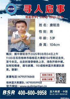 【寻人启事】图中唐铭浩于2025年08月04日上午11:00左右在桂林市临桂区大律街154号附近走失 - 葫芦岛28生活网 hld.28life.net